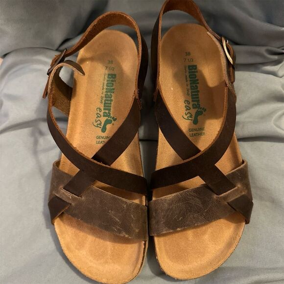 BioNatura Women's Brown Leather Slingback Sandals Size 7.5 - Picture 1 of 5